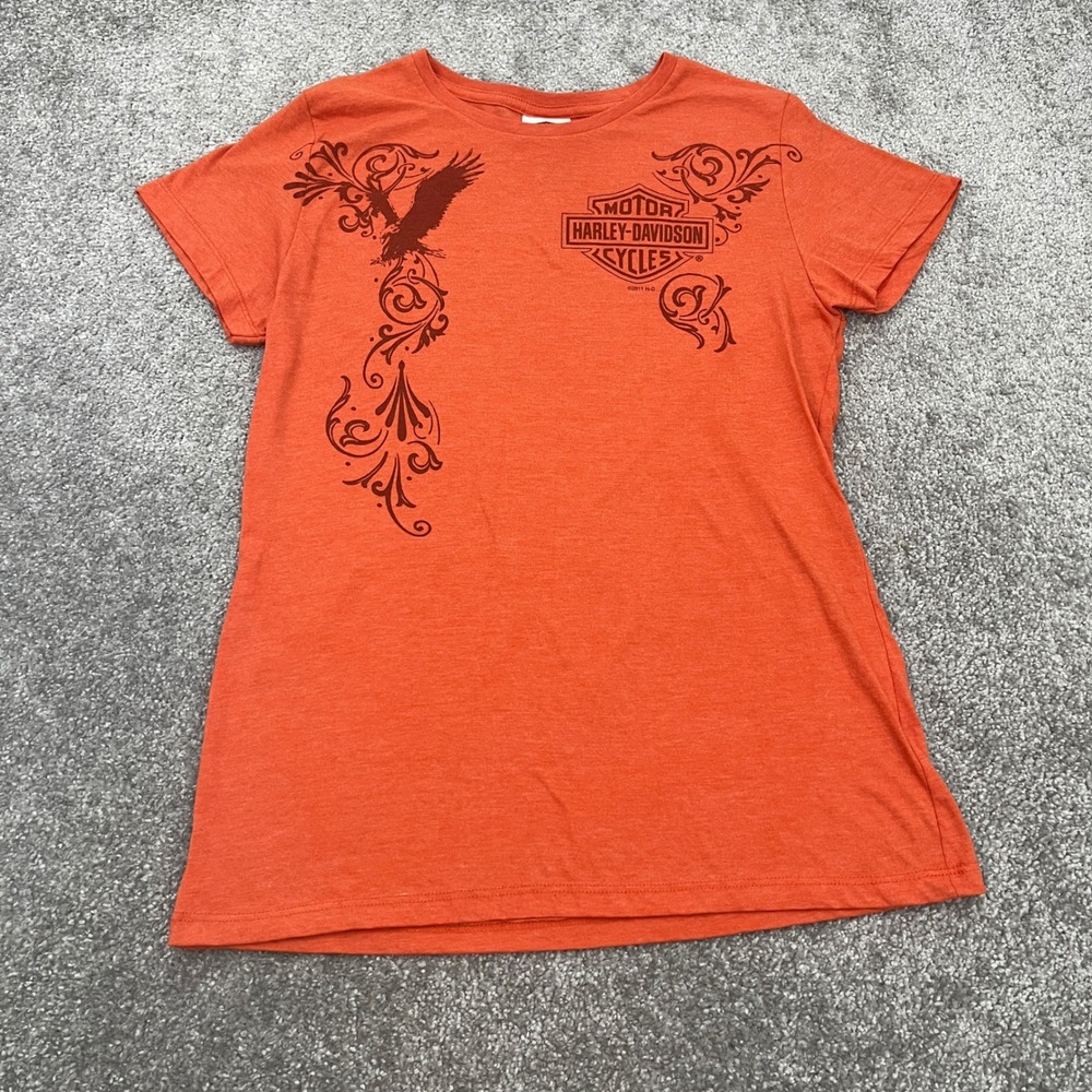 Harley-Davidson T-Shirt Womens Large Sturgis Eagle Filigree Orange Short Sleeve
